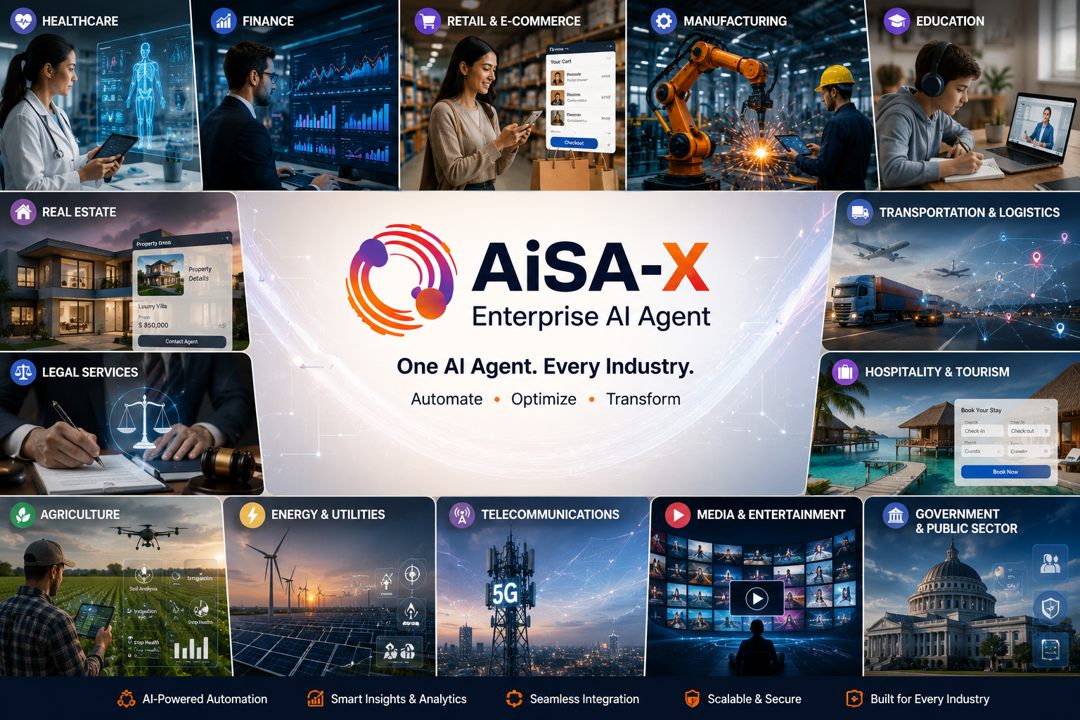 Enterprise AI Agents transforming healthcare, finance, retail, manufacturing, education, logistics, hospitality, and other industries