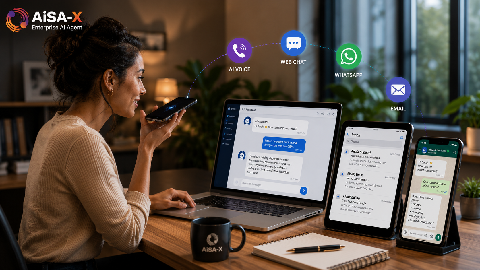  Enterprise AI Agents providing omnichannel customer support through AI voice, web chat, WhatsApp, and email