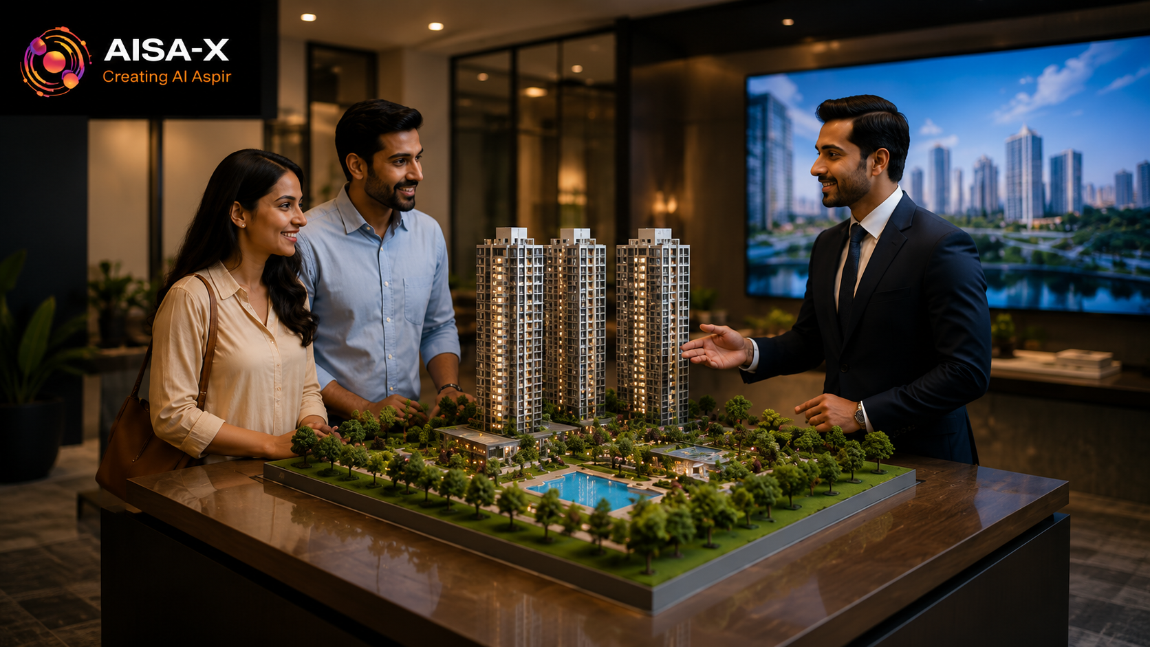 Real estate consultant presenting a residential project model to prospective buyers